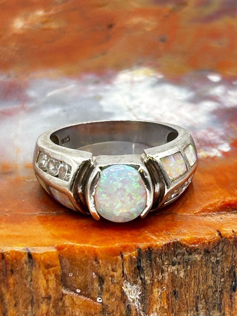 Sterling Silver Ring with Synthetic Opal and Cubic Zirconia - Size 7